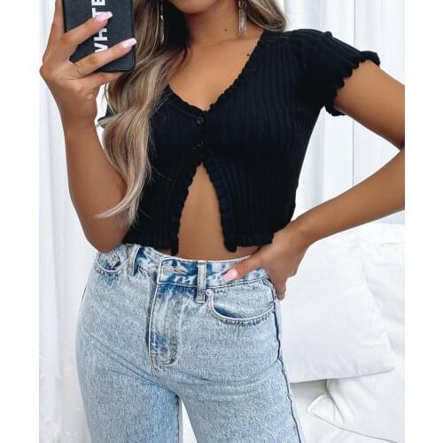 2021 New Black Casual Tee Top Womens Casual Knitted Tee Shirts Short Sleeve Ribbed Knit Thin Cardigan Crop Tops