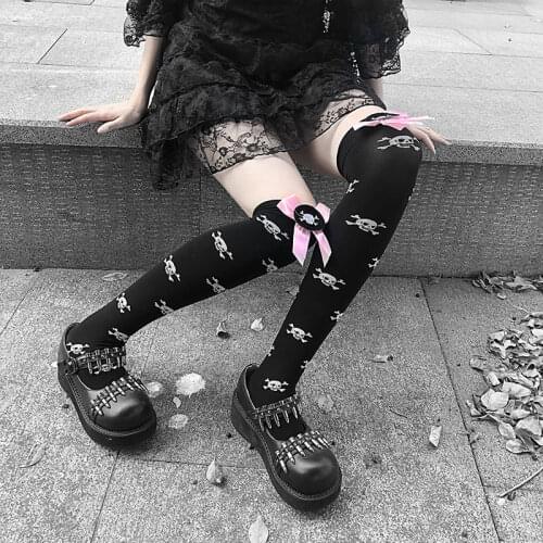 Japanese Style Womens Lolita Girls Socks Bow Lovely Anime Cosplay Gothic Skull Printing Stockings Halloween Party Socks