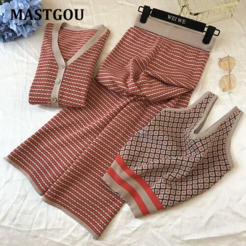 MASTGOU 3 Pcs Women Knit Long Straight Pant Suits Single Breasted Cardigan Sweaters + Wide Leg Pants + Tank Top Female 3pcs Sets