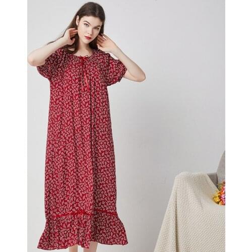 Womens Short-Sleeved Sleeping Dress Cotton Sleepwear Long Loose Floral Printed Nightdress Nightwear Comfy Home Dress Plus Size