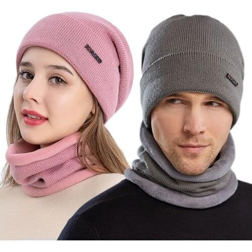Winter Men Women Europe and The United States Plus Velvet Warm Soft Knitted Wool Unisex Hiking Cycling Running Hat Scarf Set