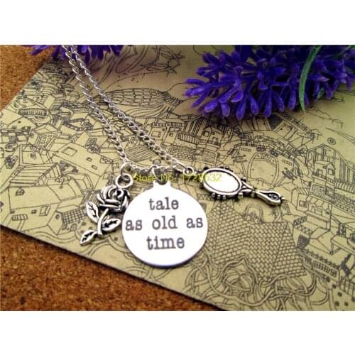 12pcs/lot Fashion stainless steel tale as old as time antique silver beauty/mirror Princess Inspired Bridesmaid necklace