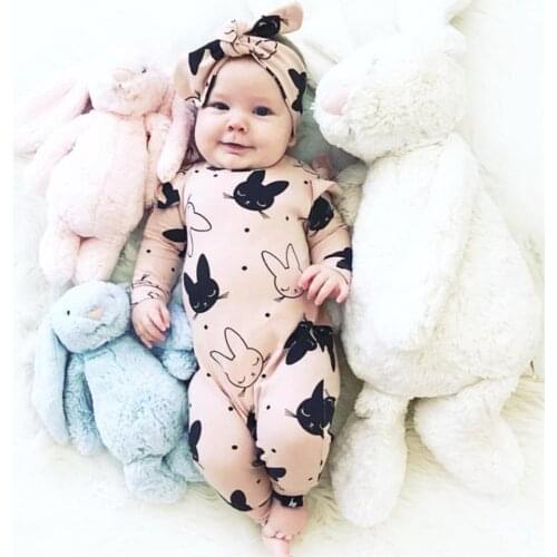 Cute Baby Girls Romper 2Pcs Cartoon Rabbit Pattern Long Sleeve Jumpsuit and Headband Outfits Set Autumn Newborn Infant Clothes