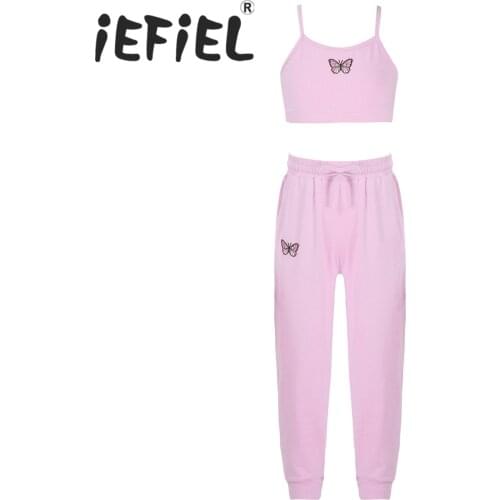 2Pcs Kids Girls Summer Sport Suit Sleeveless Butterfly Print Crop Vest and Pants Set for Gym Running Training Dance Workout