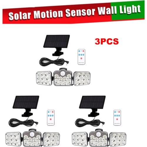 3pcs 138 led remote seperable Outdoor 3 Head Motion Sensor Lamp Solar Light Flood Light Solar Panel Wall Lamp Decor Light 5M cab