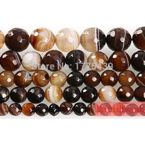 Free Shipping 16" Strand Natural Stone Faceted Brown Stripe Agat Round Beads 4 6 8 10 12MM Pick Size For Jewelry Making