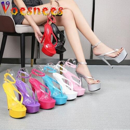 Voesnees New Candy Transparent Women Shoes 15CM Night Club Waterproof Platform High Heel Shoes Flip Flop Buckle Strap Sandals