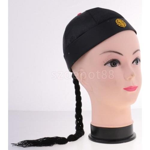 Adult Kids Black Chinese Oriental Cap with Ponytail Party Costume Hat Costume