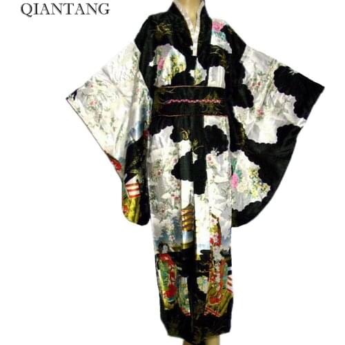 Black Japanese Womens Kimono Print Rayon Yukata Haori With Belt Cardigan Samurai Costume Cosplay Clothing Mujeres Quimono