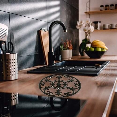 Decorative Cast Iron Round Trivet with Vintage Pattern for Kitchen or Dining Table with Rubber Pegs 7.2Inch Diameter