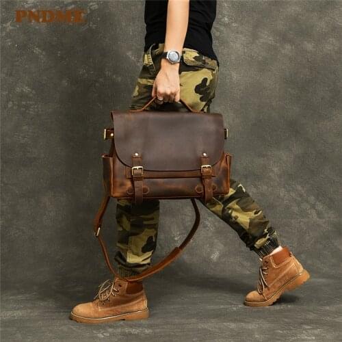 Business vintage natural crazy horse cowhide mens briefcase handmade genuine leather handbag work laptop shoulder messenger bag