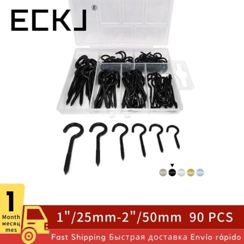ECKJ 90pcs/set 6 Size Plated Screw Hooks Hanger Lamp Holder Net Wire Eye Bolt Eyebolt Iron C Shape Hanging Lights Curtain Hook
