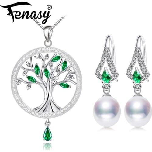 FENASY Trendy Pearl Jewelry Sets Bohemian 925 Sterling Silver Pendant Necklace Earrings For Women Emerald Ethnic Earrings