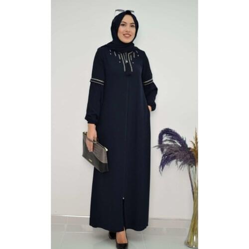 Ferace Embroidered Navy Blue Zipper Long Baggy Muslim Women Style Crepe Fabric