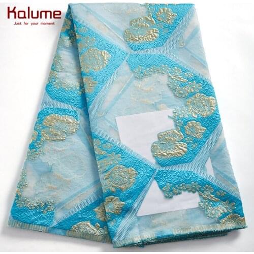 Kalume French Jacquard Lace Fabric Blue Golden African Gilding Lace Fabric Brocade Bridal Material For Wedding Party Dress F2393