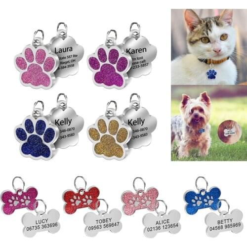 Dog Cat ID Tags Engraved Cat Puppy Pet ID Name Number Collar Tag Pendant Pet Accessories Bone/Paw Glitter