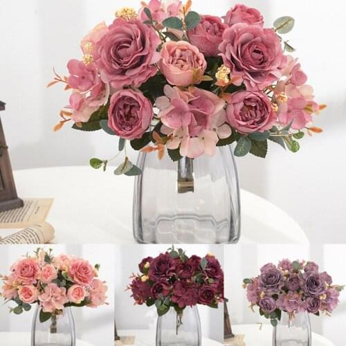 Artificial Flowers Retro Silk Rose Bouquet Hydrangea Peony Vintage Bride Holding Fake Flower Home Wedding Decoration Accessories