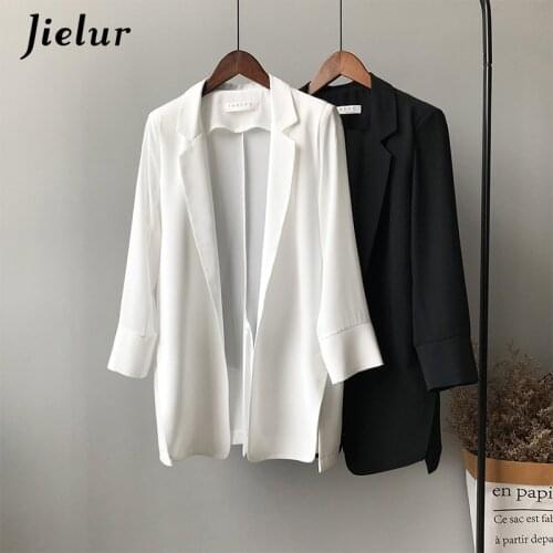 Jielur New Chiffon Fashion Womens Suit Jacket Spring Summer Korean Style Coat Office Ladies Casual White Black Clothing 2021