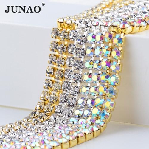 JUNAO SS6 8 10 12 16 18 Clear AB Glass Rhinestones Chain Crystal Ribbon Silver Metal Trim Strass Banding for Clothes Crafts