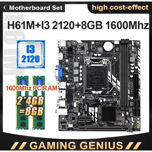 H61M LGA 1155 Motherboard Set with i3 2120 CPU and DDR3 2*4GB=8GB PC RAM 1600MHZ Support PCIE 8X USB 2.0