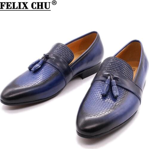FELIX CHU Mens Tassel Loafers Blue Black Genuine Leather Luxury Brand Casual Shoes Handmade Mens Wedding Shoes Comfortable