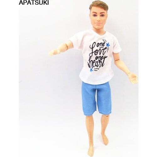 Fashion Doll Clothes For Ken Doll Outfits White Letter T-shirt & Blue Shorts For Barbies Boyfriend Ken 1/6 Boy Doll Kid DIY Toy
