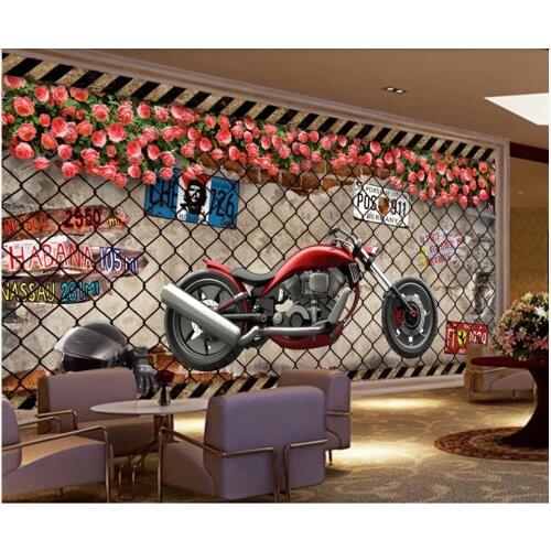 Custom photo mural 3d wallpaper Nostalgic cement wall rose flower license plate motorcycle tooling decor wallpaper for walls 3 d