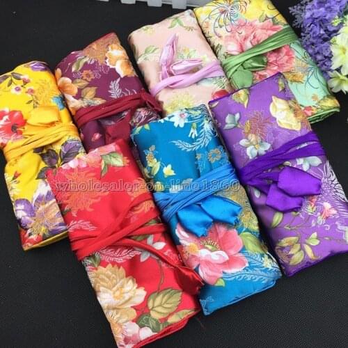 Wholesale Oriental Chinese Silk Wrap Organizer Jewelry Roll Travel Makeup Bag Case Pouch 2PCS color random