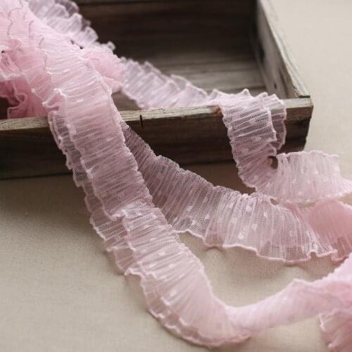 4M/lot 5cm wide 2Layers Dot Mesh Lace Trim For Sewing Pink and White Pleats Trim In Stock Cuffs Neckline Sewing Appliques X1008