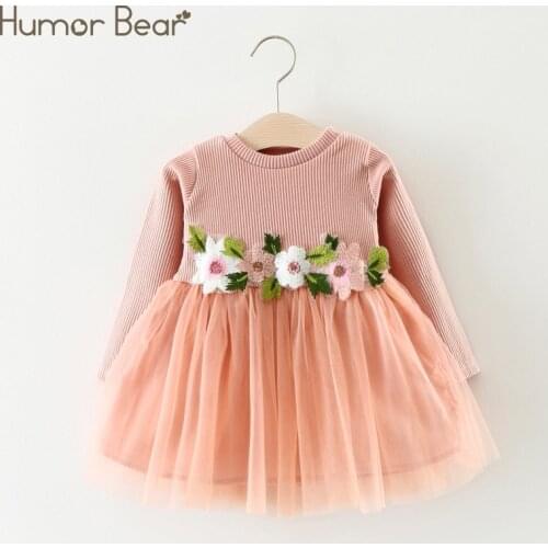 Humor Bear Girls Dress New Between Waist Flower Design Baby Girls Clothes Long-sleeved Baby Girls Clothing Baby Dress