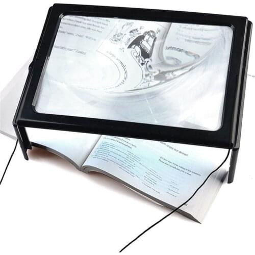 Full Page Magnifying Glass with 4 LED Lights and Foldable Legs - 3x Len - Large Rectangular Magnifier for Desktop Reading