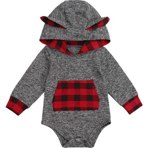 2021 0-18M Casual Baby Girl Boy Romper Plaid Print Long Sleeve 3D Ears Hooded Playsuit With Pockets Spring Autumn Outfit