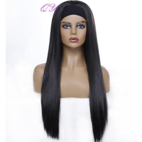 QY Hair Synthetic Headband Wig Long Silky Straight Meekness Wigs For Women Black Flat Turban Wrap Daily Use