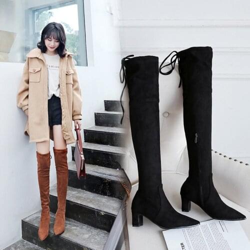 Winter Thigh High Boots Women Sexy Slim Thick High Heel Over The Knee Boots Zip Pointed Toe Shoes Female Autumn Size 32-43