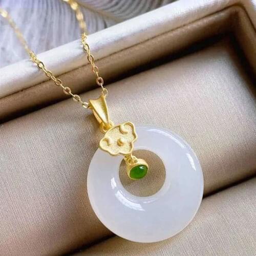 Hetian Jade Necklace Princess Peace Buckle Safeness Ring Necklace Jade Ruyi Clavicle Chain Sterling Silver to Give Mom Jewelry