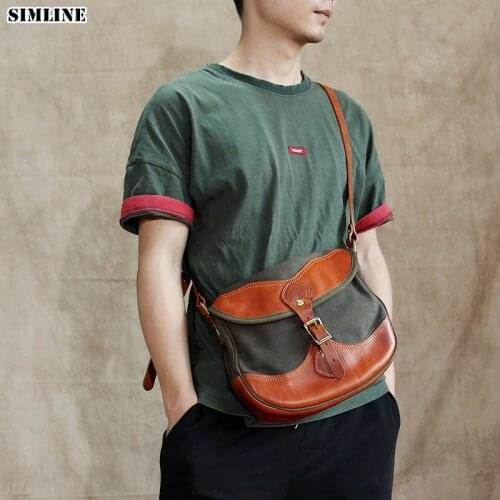 Canvas Genuine Leather Messenger Bag For Men Male Luxury Brand Vintage Casual Mens Shoulder Crossbody Bags Handbag High Quality