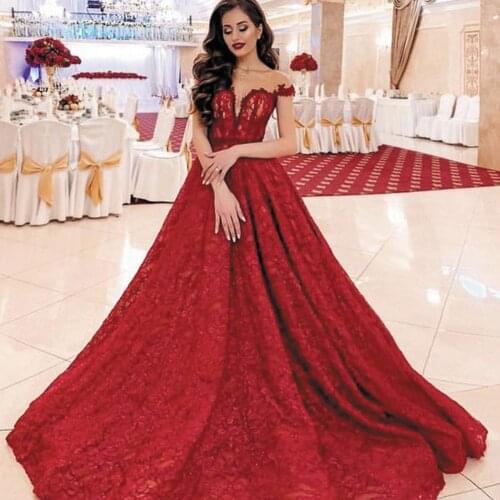 SuperKimJo Red Ball Gown Prom Dresses Lace Applique Off the Shoulder Elegant Prom Gown Robe De Soiree