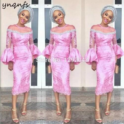 YNQNFS M10 Illusion Long Sleeve Vestidos Pink Party Gown Mother Outfits Tea Length Sheath Lace Mother of the Bride Dresses