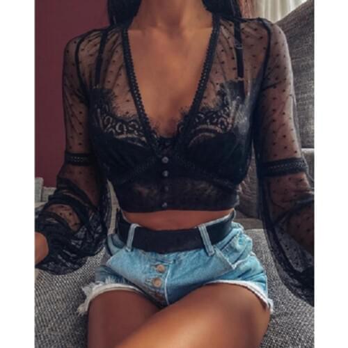 Sexy Ladies See-through Lace Sheer Long Bell Sleeve Button V neck Bikini Cover Ups Crop Tops Women Polka Dot Shirt Floral Blouse