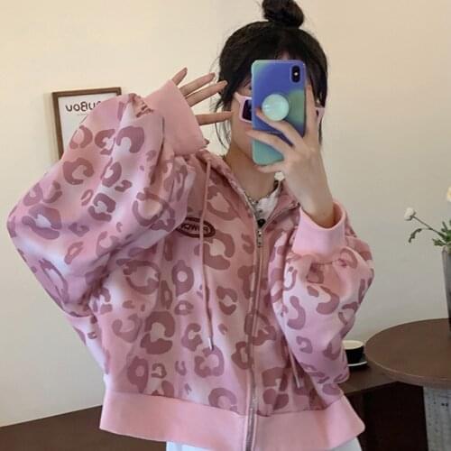 Pink Leopard Zip Hoodies 2021 Autumn Womens Hooded Sweatshirt Long Sleeve Loose Korean Harajuku Fashion Tops Hoodie Female