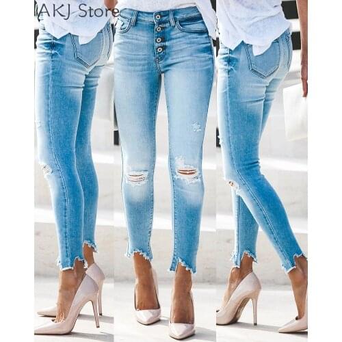 Women Jeans Casual Button Pocket Design Ripped Hole High Waist Denim Pants