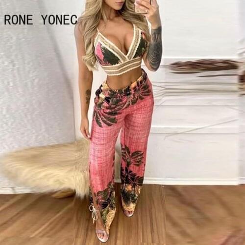 Women Tropical Print Lace Trim Crop Top & Slit Pants Set Women Summer Vacation Suit