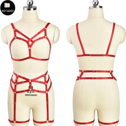 Women Gothic Body Harness Set Garter Belt Elastic Sexy Bondage Cage Harness Bra Fetish Wear Goth Garter Wedding Shoulder Belt