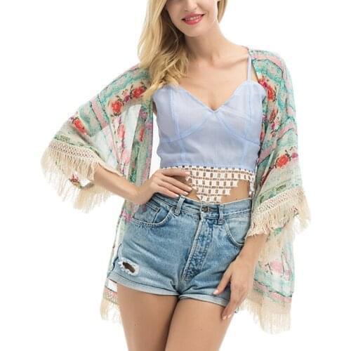 2018 Sexy Ethnic Women Batwing Sleeve Tassel Loose Kimono Cardigan Chiffon Floral Bohemian Print Cape Top Blouse