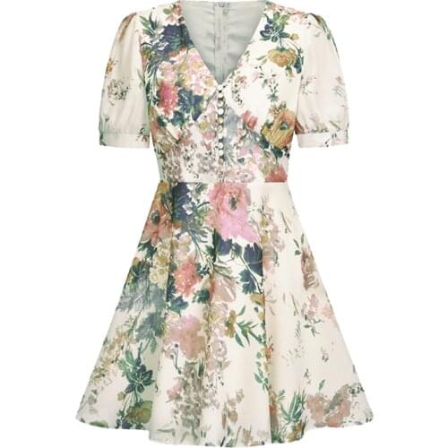 PERHAPS U White Floral Print Short Sleeve Mini Dress V Neck Button Summer Women Female D1774