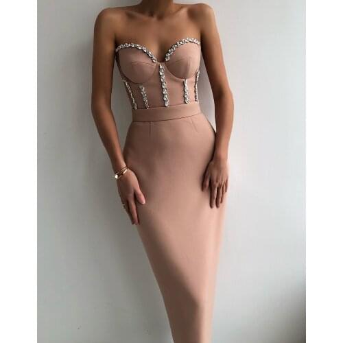 New Women Sexy Strapless Crystal Diamonds Midi Bandage Dress Elegant High Street Prom Celebrity Bodycon Party Dress Vestido