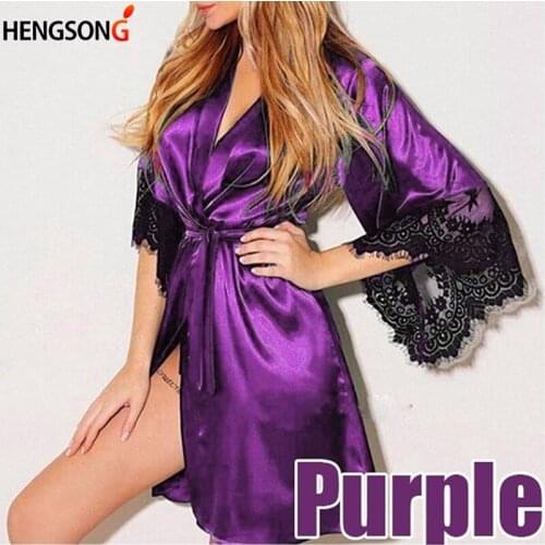 Women Sexy Silk Dress Babydoll Lace Lingerie With Belt Bath Robe Nightwear Plus Size Female Bathrobe
