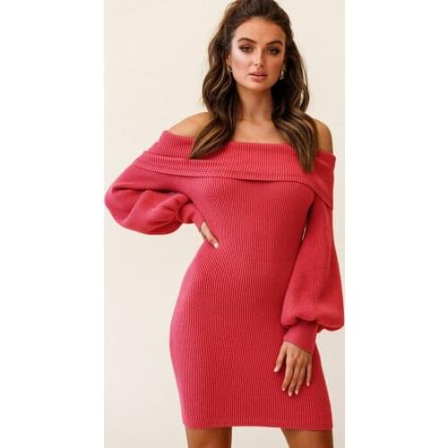 Sexy Off Shoulder Women Knitted Dress Fashion Slash Neck Party Mini Dress Fall Winter Lantern Long Sleeve Bodycon Dresses Female
