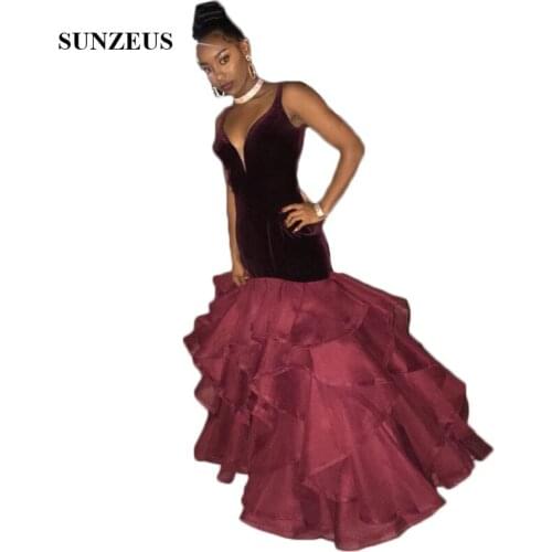 Burgundy Velvet Prom Dress 2021 Ruffles Organza Skirt Girls Graduation Dresses Long Open Back Evening Party Dress abendkleider