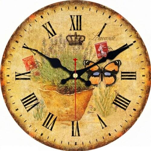 Clocks Retro Pot Lanvander Crown Butterfly French Style Round Wooden Wall Watches Saat Horloge Home Decoration Modern